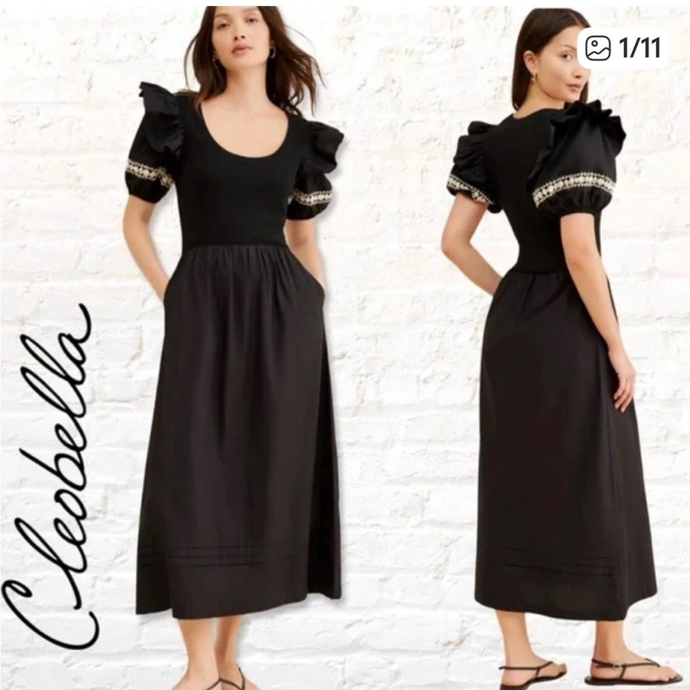 NWT! Cleobella Selma Midi Elegant Black  Dress with Ruffle Sleeves